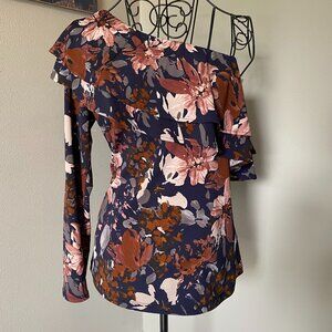 Veronica M. Asymmetrical Ruffle Top in Large (Navy/Brown/Gray Floral)